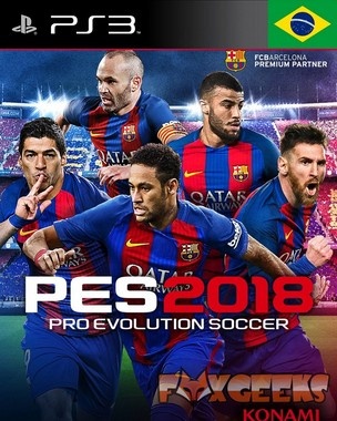 Capa do jogo PES 2018 Pro Evolution Soccer PS3 com jogadores do FC Barcelona e bandeira do Brasil