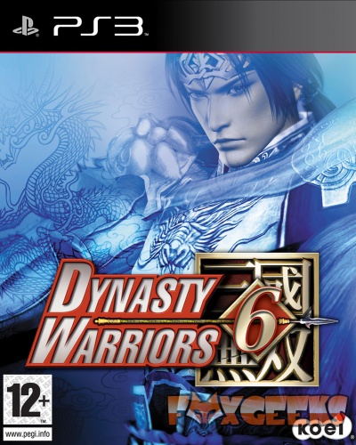 Capa do jogo PS3 Dynasty Warriors 6 com personagem e logótipo em azul e vermelho