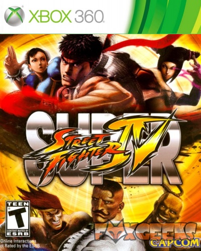 Capa do jogo Super Street Fighter IV para Xbox 360 com personagens em fundo amarelo