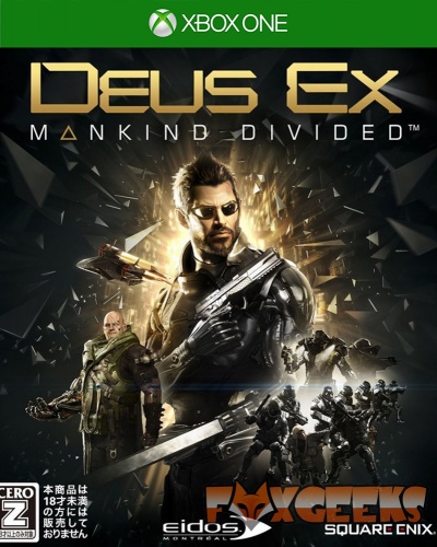 Capa do jogo Xbox One Deus Ex Mankind Divided com personagens armados e logótipos Eidos e Square Enix