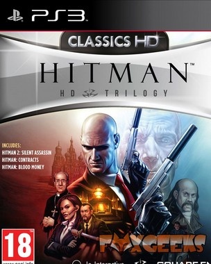 Capa do jogo Hitman HD Trilogy para PS3 com personagem calvo segurando armas