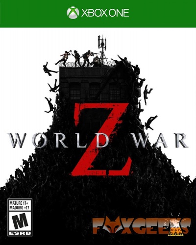 Capa do jogo World War Z para Xbox One com zumbis a invadir edifício