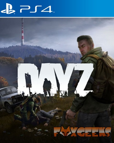 Capa do jogo PS4 DayZ com homem de mochila em floresta e logo FOXGEEKS