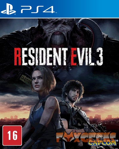 Capa do jogo Resident Evil 3 para PS4 com personagens e texto
