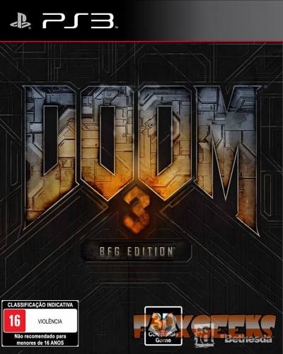 Capa do jogo PS3 DOOM 3 BFG EDITION com fundo escuro e texto metálico