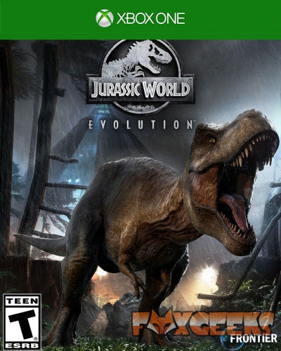 Capa do jogo 'Jurassic World Evolution' para Xbox One com dinossauro T-Rex na floresta