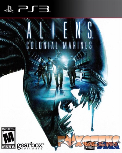 Capa do jogo para PS3 Aliens Colonial Marines com alienígena e soldados num túnel