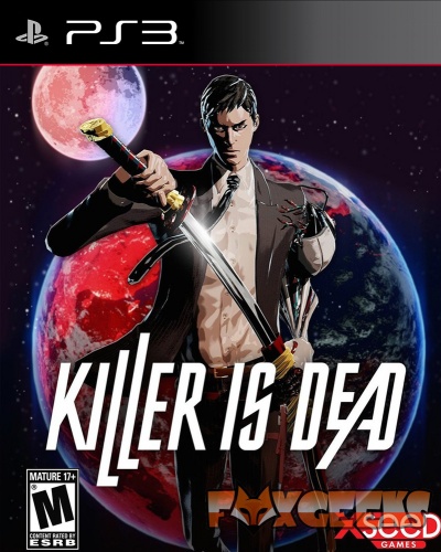 Capa do jogo PS3 Killer Is Dead com homem a segurar espada e planeta ao fundo