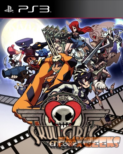 Capa do jogo Skullgirls Encore para PS3 com personagens animados coloridos e fundo de celuloide