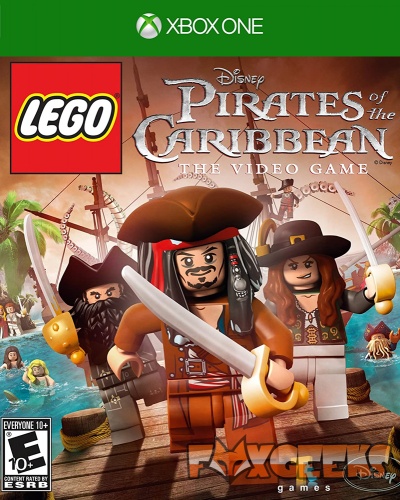 Capa de videojogo LEGO Pirates of the Caribbean para Xbox One com personagens piratas LEGO na doca