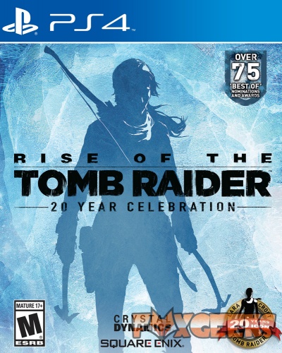 Capa do jogo PS4 Rise of the Tomb Raider com silhueta de personagem e textos promocionais