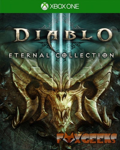 Capa do jogo Diablo Eternal Collection para Xbox One com crânio demoníaco dourado