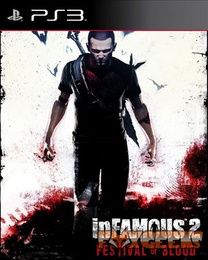 Capa do jogo inFAMOUS 2 FESTIVAL OF BLOOD para PS3 com personagem masculina em roupas pretas.
