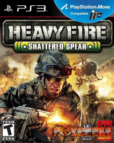Capa do jogo Heavy Fire Shattered Spear para PS3 com soldado, armas e helicópteros
