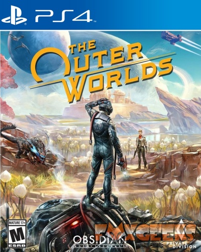 Capa do jogo PS4 The Outer Worlds com três personagens e criaturas alienígenas num planeta estranho