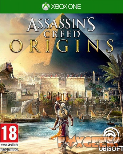 Capa do videojogo Assassin's Creed Origins para Xbox One com pirâmide, esfinge e personagem no rio