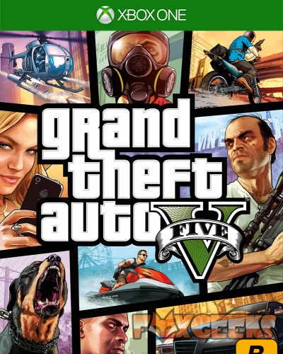 Capa do jogo Grand Theft Auto V para Xbox One com várias imagens de ação.
