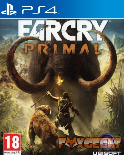 Capa do jogo PS4 Far Cry Primal com homem, animal pré-histórico e mamute
