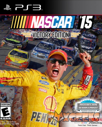 Capa do jogo NASCAR 15 Victory Edition para PS3 com piloto e carros de corrida