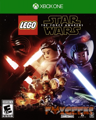 Capa do videojogo LEGO STAR WARS THE FORCE AWAKENS para XBOX ONE com personagens LEGO e sabres de luz