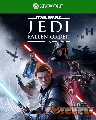 Capa do jogo Star Wars Jedi Fallen Order para Xbox One com personagens e sabres de luz