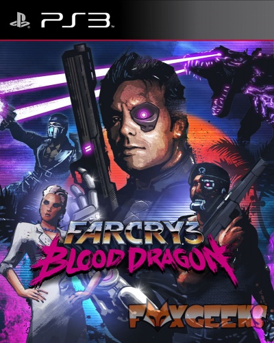 Capa do jogo PS3 Far Cry 3 Blood Dragon com personagens futuristas e texto colorido