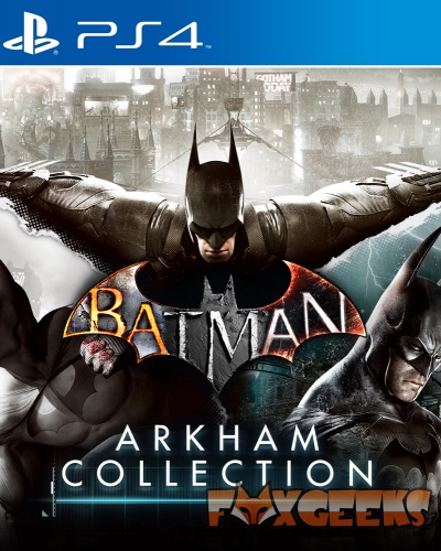 Capa do jogo PS4 Batman Arkham Collection com vários Batmans e fundo de Gotham