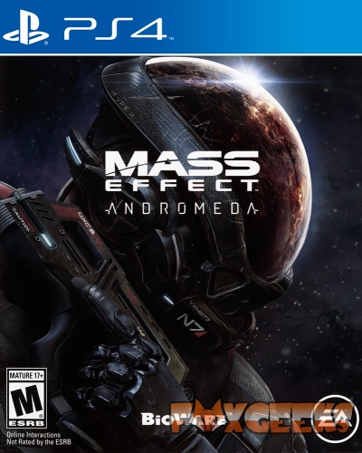 Capa do jogo PS4 Mass Effect Andromeda com personagem mascarado em traje espacial
