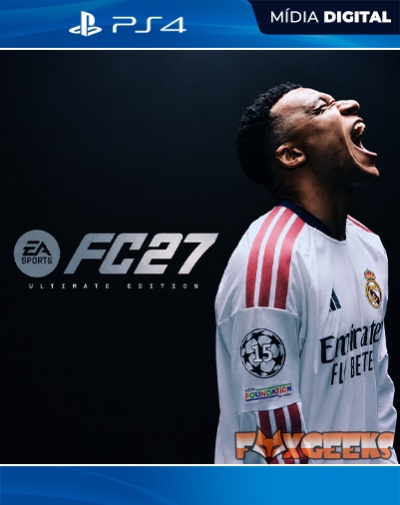 Capa do jogo PS4 EA SPORTS FC 27 Ultimate Edition com jogador vestido com camisola Real Madrid.