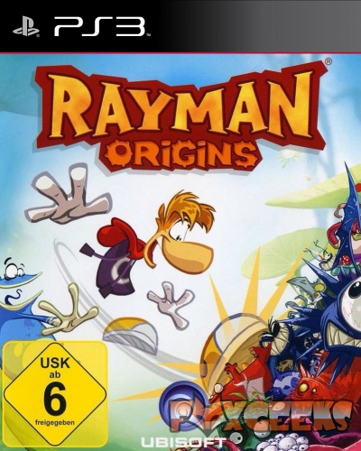 Capa do jogo Rayman Origins para PS3 com personagens em estilo cartoon