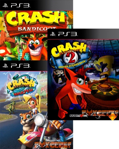 Caixas de jogos PS3 Crash Bandicoot, Crash Bandicoot 2 e Crash Bandicoot Warped com capas coloridas de personagens animados.