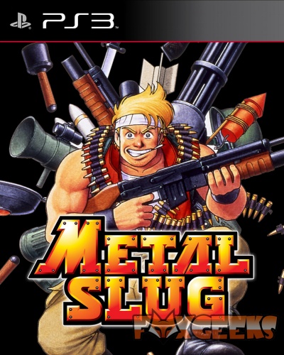 Capa do jogo METAL SLUG para PS3 com personagem armado ao centro e várias armas ao redor