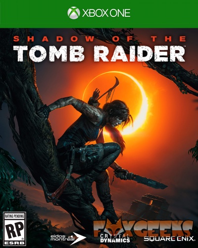 Capa do jogo Shadow of the Tomb Raider para Xbox One, personagem principal em árvore, fundo com eclipse solar.