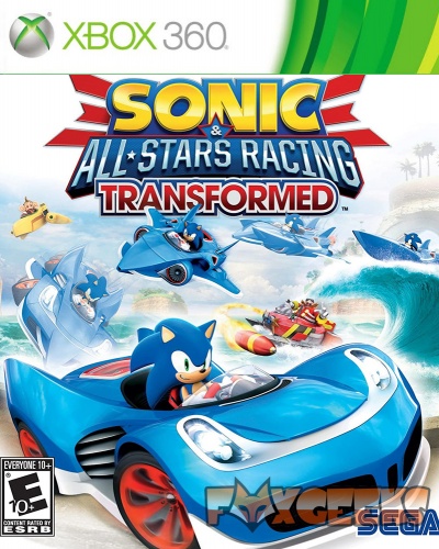 Capa do jogo Sonic & All-Stars Racing Transformed para Xbox 360 com Sonic a conduzir carro azul.