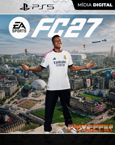 Capa do videojogo EA SPORTS FC 27 para PS5 com jogador de futebol em camisola branca do Real Madrid