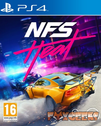 Capa do jogo PS4 NFS Heat com carros desportivos amarelo e azul em cenário urbano noturno