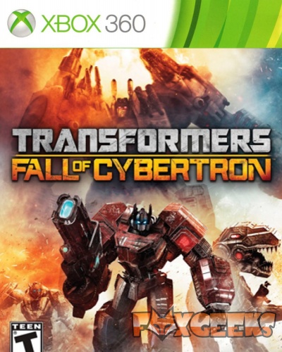 Capa do jogo Transformers Fall of Cybertron para Xbox 360 com robôs animados