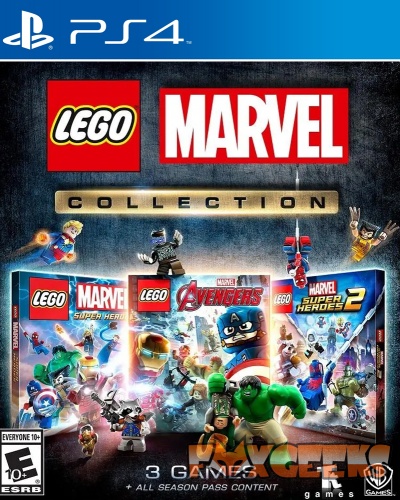 Capa de coleção LEGO Marvel para PS4 com personagens LEGO dos Vingadores e texto 3 GAMES + ALL SEASON PASS CONTENT