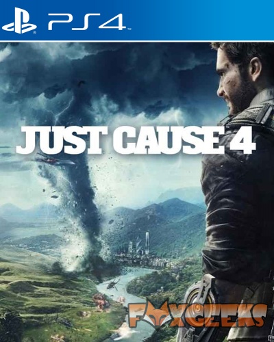 Capa do jogo Just Cause 4 para PS4 com tempestade e homem de perfil