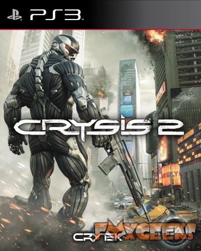 Capa do jogo PS3 Crysis 2 com soldado futurista em traje tecnológico e arma, cidade destruída ao fundo.