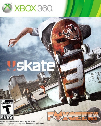 Capa do jogo Xbox 360 'Skate' com jovem em manobra de skate e cenário urbano