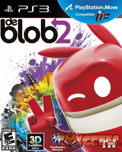 Capa do jogo de vídeo 'de blob 2' para PlayStation 3 com personagem vermelho e fundos coloridos