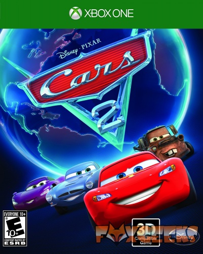 Capa do jogo Xbox One Cars 2 com carros animados coloridos e planeta Terra ao fundo