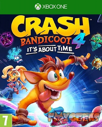 Capa do jogo Crash Bandicoot 4 It's About Time para Xbox One com personagens animados