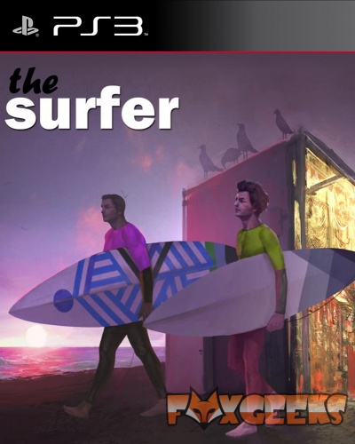 Capa de jogo PS3 the surfer com dois surfistas numa praia ao pôr do sol e logo FOXGEEKS