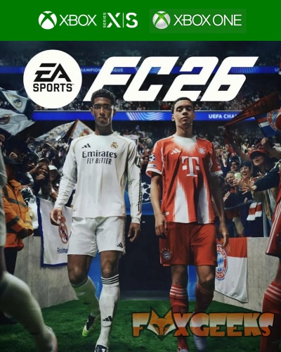 Capa do videojogo FC 26 com jogadores de futebol do Real Madrid e Bayern Munique em campo