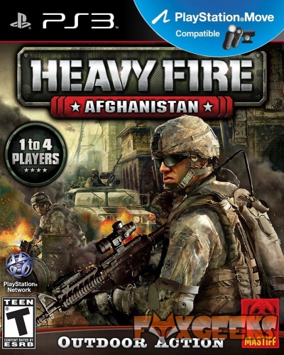 Capa do jogo PS3 Heavy Fire Afghanistan com soldados em combate e texto informativo