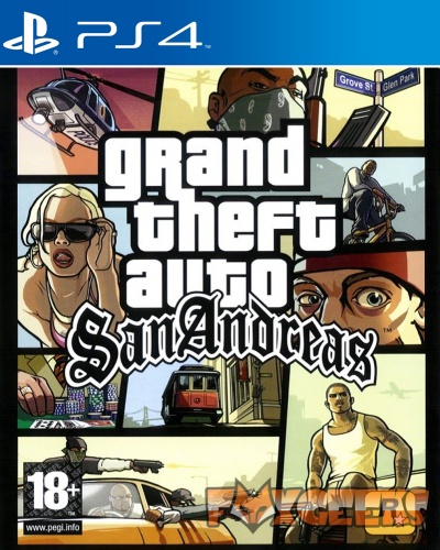 Capa do jogo de vídeo PlayStation 4 Grand Theft Auto San Andreas, com ilustração gráfica e classificação 18+