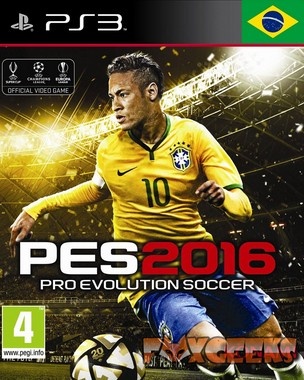 Capa do videojogo PES 2016 para PS3 com jogador de futebol brasileiro em ação