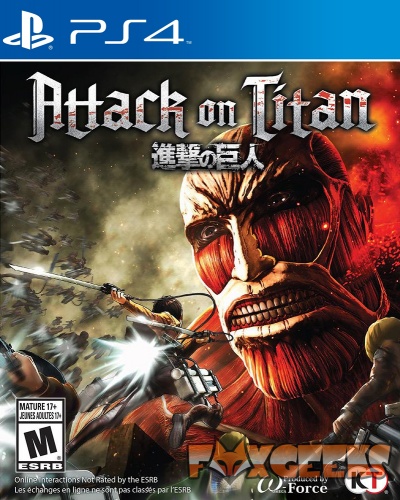 Capa do jogo 'Attack on Titan' para PS4 com personagens e gigante musculoso em cenário de batalha.